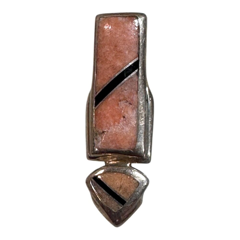 Vintage Zuni Inlaid Sterling Silver & Pink Stone Onyx Inlay Pendant Black Accent